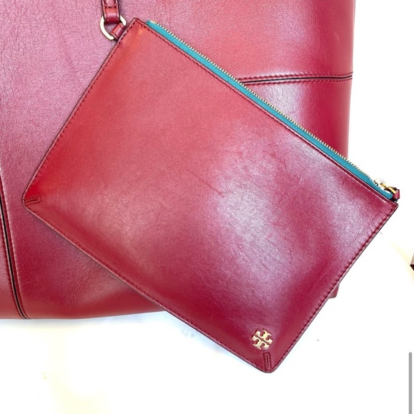 Tory Burch T Block Tote,”Imperial Garnet, with Leather Removable Pouch with logo - Picture 14 of 16